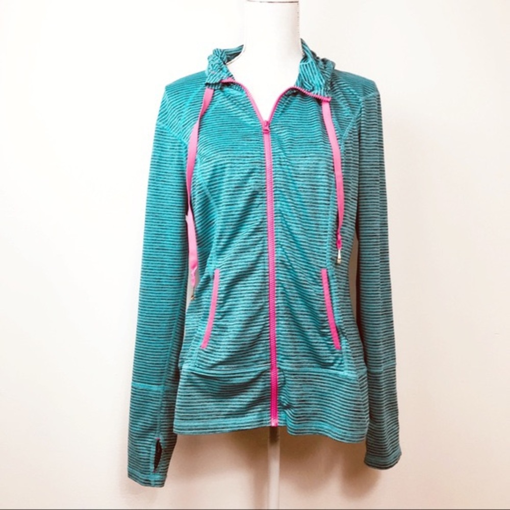 light blue and pink lukka jacket.